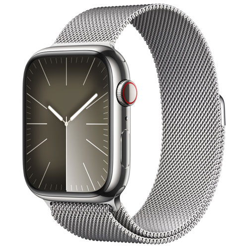 Apple Watch Series 9 avec boîtier de 45 mm en acier inoxydable argenté et bracelet milanais argenté par Rogers - Grand - Financement mensuel