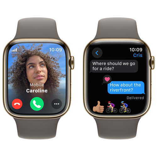 Apple Watch Series 9 avec boîtier de 45 mm en acier inoxydable doré et bracelet sport argile par TELUS - Moyen/Grand - Financement mensuel