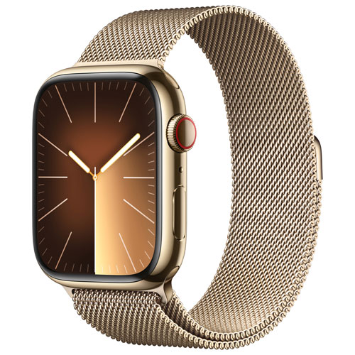 Rogers Apple Watch Series 9 GPS Cellular 45mm Gold Stainless Steel Case w Gold Milanese Loop L Monthly Financing Best Buy Canada