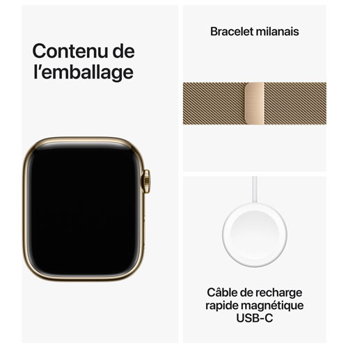 Apple Watch Series 9 avec boîtier de 45 mm en acier inoxydable doré et bracelet milanais doré par Rogers - Grand - Financement mensuel