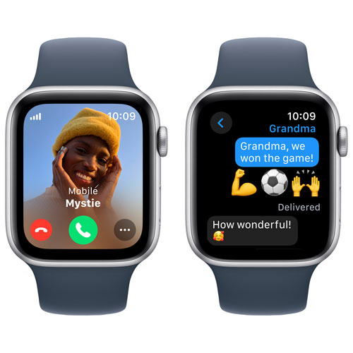 Apple Watch SE avec boîtier de 44 mm en aluminium argenté et bracelet sport bleu tempête par TELUS - Moyen/Grand - Financement mensuel