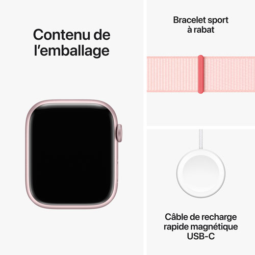 Apple Watch Series 9 avec boîtier de 45 mm en aluminium rose et bracelet sport à rabat rose dragée par Rogers - Financement mensuel