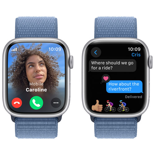 Apple Watch Series 9 avec boîtier de 45 mm en aluminium argenté et bracelet sport à rabat bleu hivernal par Virgin Plus - Financement mensuel
