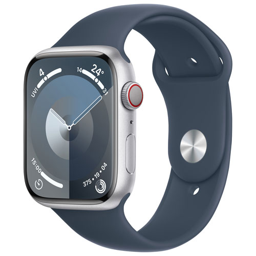 Apple Watch Series 9 avec boîtier de 45 mm en aluminium argenté et bracelet sport bleu tempête par TELUS - Petit/Moyen - Financement mensuel