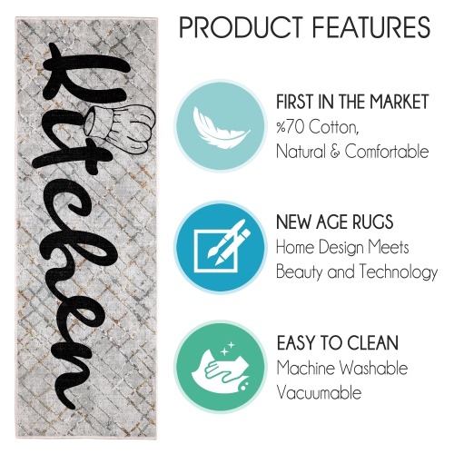 Tapis de cuisine lavable non Skid de SussexHome - Gris et noir - 20 x x59 po