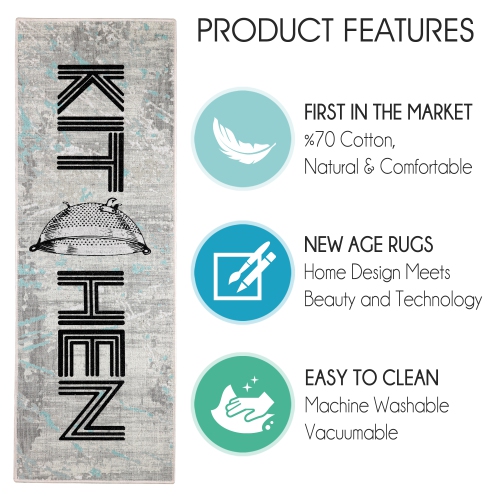 SussexHome Non Skid Washable Kitchen Runner Rug - Gray&Black&Blue-20"x59"