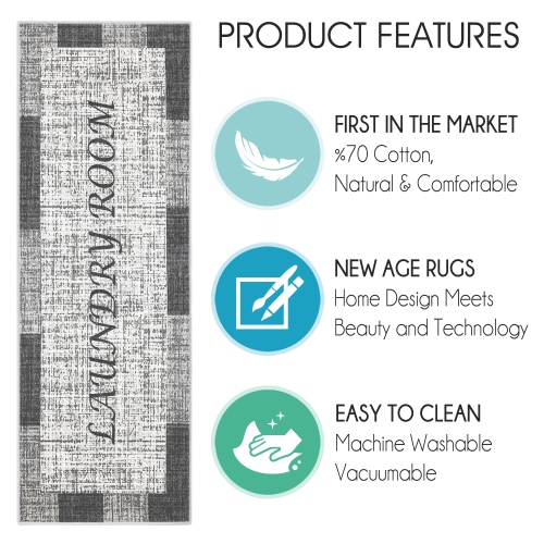 SussexHome Non Skid Washable Laundry Room Rug Runner - 20 x 59 Inches - Gray&White