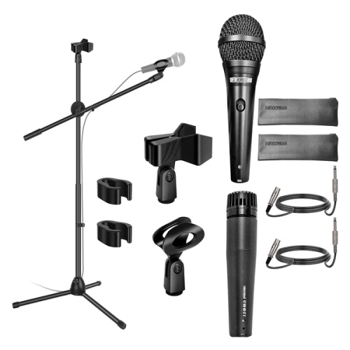 5 – Support de microphone double de base avec bras de perche combiné avec  deux micros, deux pinces de microphone/support comprend deux sacs de  transport - MS DBL+ND58+ND57