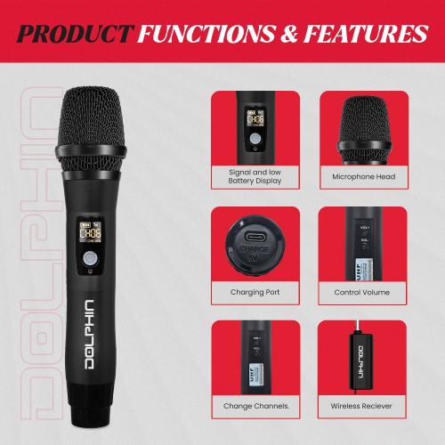 Dolphin MCX11 UHF Wireless Microphone - USB-C Rechargeable, 50 Channels, Anti-Interference Technology