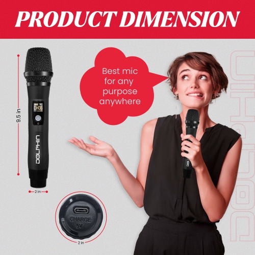 Dolphin MCX11 UHF Wireless Microphone - USB-C Rechargeable, 50 Channels, Anti-Interference Technology