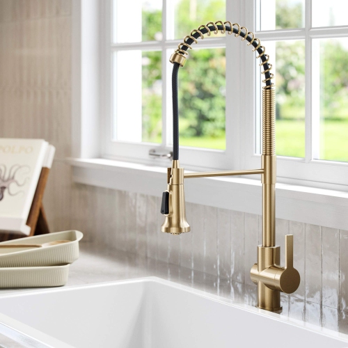 KRAUS  Britt 2Nd Gen Commercial Style Pull-Down Single Handle Kitchen Faucet In Spot Free Antique Bronze, Kpf-1691Sfacb In Champagne