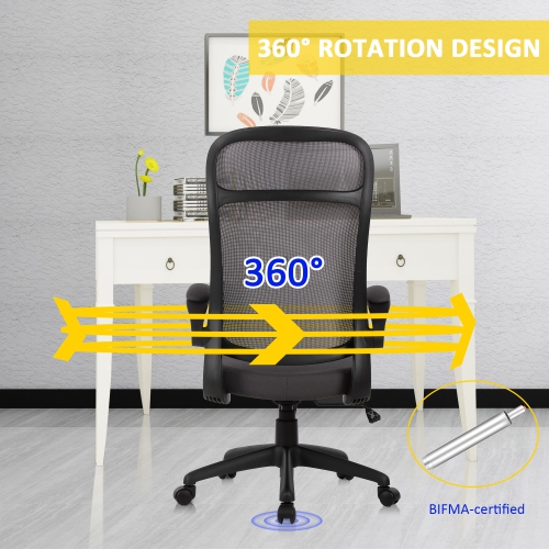Chaise de bureau ergonomique à dossier haut avec accoudoirs rabattables, chaise fonctionnelle à rotation à 360°, chaise de bureau à hauteur réglable