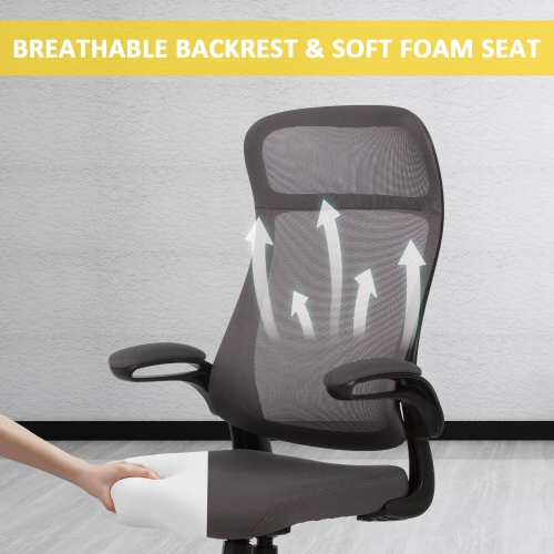 Chaise de bureau ergonomique à dossier haut avec accoudoirs rabattables, chaise fonctionnelle à rotation à 360°, chaise de bureau à hauteur réglable