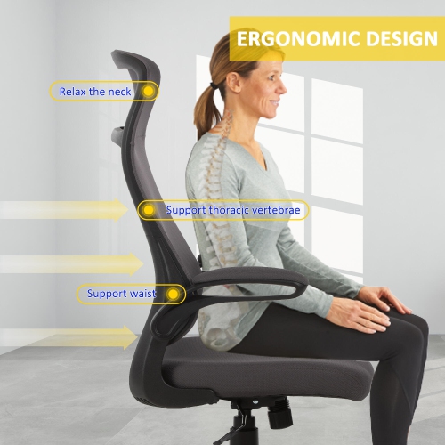 Chaise de bureau ergonomique à dossier haut avec accoudoirs rabattables, chaise fonctionnelle à rotation à 360°, chaise de bureau à hauteur réglable