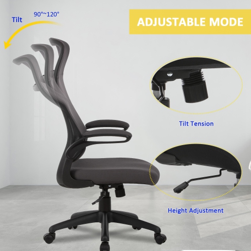 Chaise de bureau ergonomique à dossier haut avec accoudoirs rabattables, chaise fonctionnelle à rotation à 360°, chaise de bureau à hauteur réglable