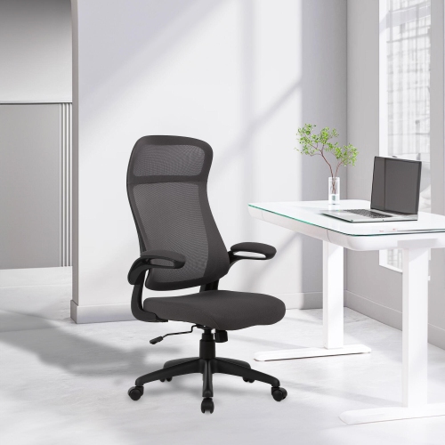 Chaise de bureau ergonomique à dossier haut avec accoudoirs rabattables, chaise fonctionnelle à rotation à 360°, chaise de bureau à hauteur réglable