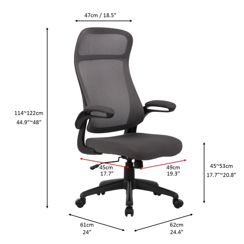 Chaise de bureau ergonomique à dossier haut avec accoudoirs rabattables, chaise fonctionnelle à rotation à 360°, chaise de bureau à hauteur réglable