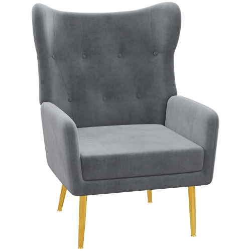 HOMCOM  Upholstered Accent Chair, Armchair for Bedroom, Modern Wingback Living Room Chair With Gold Metal Legs - In Grey