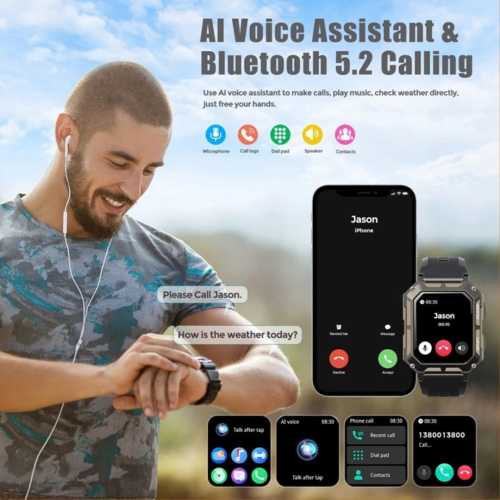 TUTT Smartwatch for Men Military Rugged | Speaker Pedometer IP68 Waterproof 1.83'' HD Tactical Smart Watch Fitness and Health Tracking Long Battery