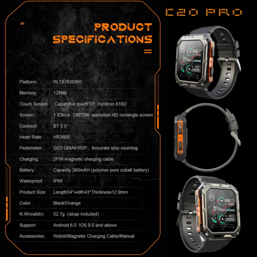 TUTT Smartwatch for Men Military Rugged | Speaker Pedometer IP68 Waterproof 1.83'' HD Tactical Smart Watch Fitness and Health Tracking Long Battery