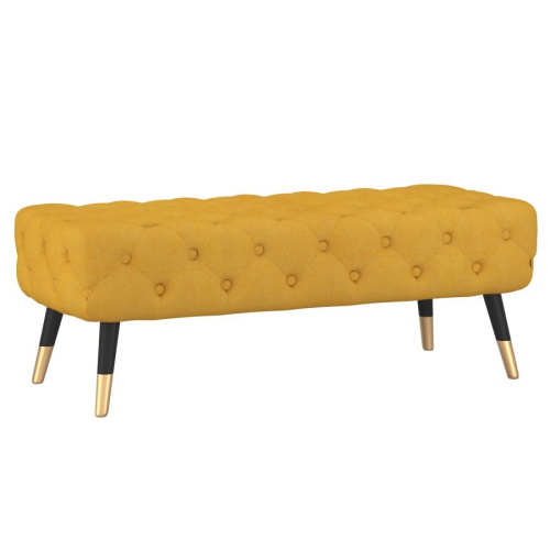 Image 1 of 7.. Cosmic Homes Bench in Mustard and Black, Bench for Living Room, Soft, Textured Fabric Upholstery with Button Tufted Bed End Bench