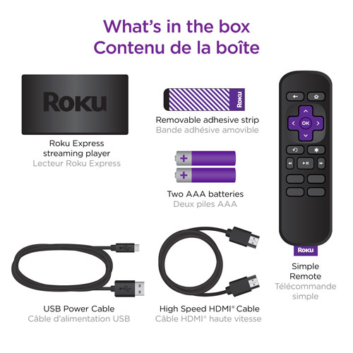 Lecteur de diffusion continue Express HD de Roku avec câble HDMI haute vitesse et télécommande simple (aucune commande de téléviseur)