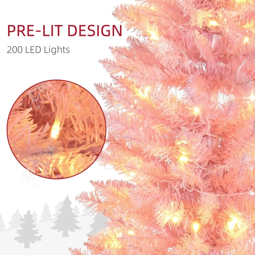 HOMCOM 6 ft Pre-Lit Noble Fir Slim Artificial Christmas Tree with 390 Tips and 200 Warm White LED Lights, Pink