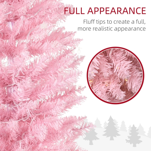 HOMCOM 6 ft Pre-Lit Noble Fir Slim Artificial Christmas Tree with 390 Tips and 200 Warm White LED Lights, Pink