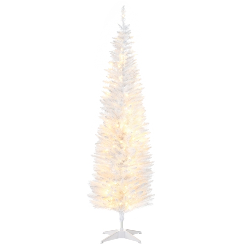 HOMCOM 6 ft Pre-Lit Noble Fir Slim Artificial Christmas Tree with 390 Tips and 200 Warm White LED Lights White