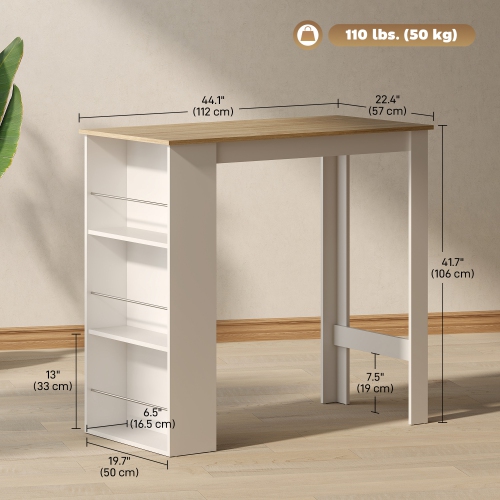 HOMCOM – Table de bar moderne, table à manger à hauteur de bar avec 3 tablettes de rangement pour cuisine, salle à manger, salon, blanc