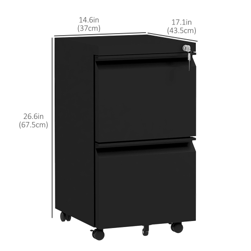 Vinsetto Mobile Vertical Filing Cabinet with Lock, 2-Drawer Steel File Cabinet with Adjustable Hanging Bar for Letter, A4 and Legal Size, Black