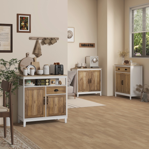 HOMCOM Farmhouse Storage Cabinet, Sideboard Kitchen Cabinet with Drawer, Double Doors and Shelves, Distressed Wood Grain