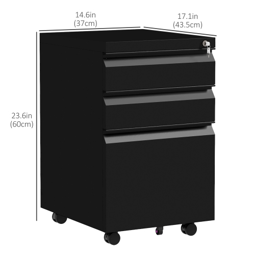 Vinsetto 3 Drawer File Cabinet with Lock, Steel Vertical Filing Cabinet with 5 Wheels and Hanging Bar for A4/Legal/Letter Size Files, Printer Stand