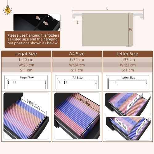 Vinsetto 3 Drawer File Cabinet with Lock, Steel Vertical Filing Cabinet with 5 Wheels and Hanging Bar for A4/Legal/Letter Size Files, Printer Stand
