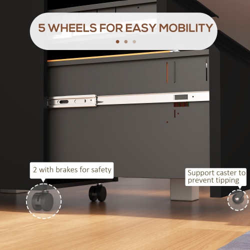 Vinsetto 3 Drawer File Cabinet with Lock, Steel Vertical Filing Cabinet with 5 Wheels and Hanging Bar for A4/Legal/Letter Size Files, Printer Stand