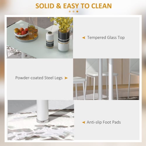 HOMCOM Modern Dining Table Set for 4, Space-Saving 5 Pieces Kitchen Table Set with PU Leather Upholstered Chairs, Glass Table Top and Steel Frame,