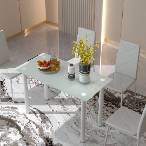 HOMCOM Modern Dining Table Set for 4, Space-Saving 5 Pieces Kitchen Table Set with PU Leather Upholstered Chairs, Glass Table Top and Steel Frame,