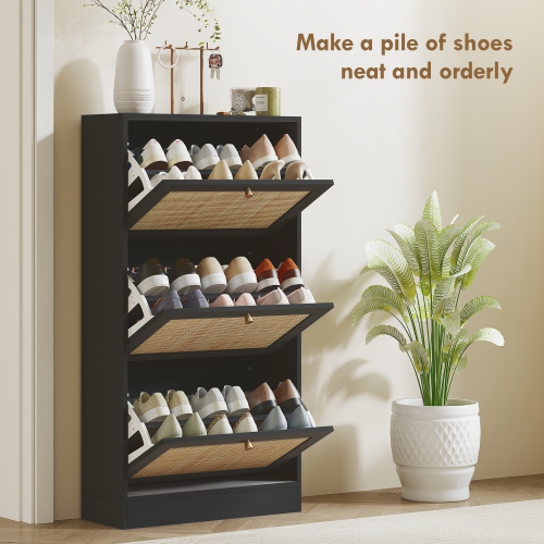 HOMCOM Boho Rattan Shoe Cabinet with 3 Flip Drawers and Adjustable Shelves, Narrow Shoe Storage Cabinet, Holds 18 Pairs for Entryway, Hallway, Black