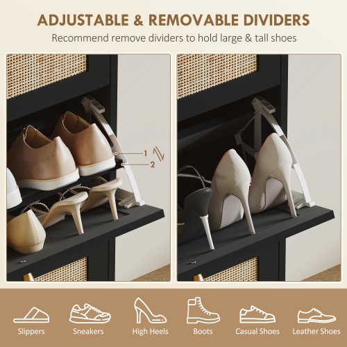 HOMCOM Boho Rattan Shoe Cabinet with 3 Flip Drawers and Adjustable Shelves, Narrow Shoe Storage Cabinet, Holds 18 Pairs for Entryway, Hallway, Black