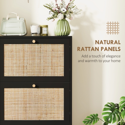 HOMCOM Boho Rattan Shoe Cabinet with 3 Flip Drawers and Adjustable Shelves, Narrow Shoe Storage Cabinet, Holds 18 Pairs for Entryway, Hallway, Black