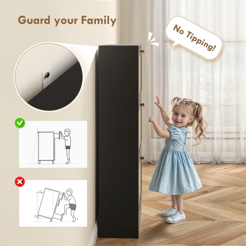 HOMCOM Boho Rattan Shoe Cabinet with 3 Flip Drawers and Adjustable Shelves, Narrow Shoe Storage Cabinet, Holds 18 Pairs for Entryway, Hallway, Black