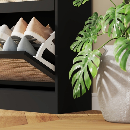HOMCOM Boho Rattan Shoe Cabinet with 3 Flip Drawers and Adjustable Shelves, Narrow Shoe Storage Cabinet, Holds 18 Pairs for Entryway, Hallway, Black