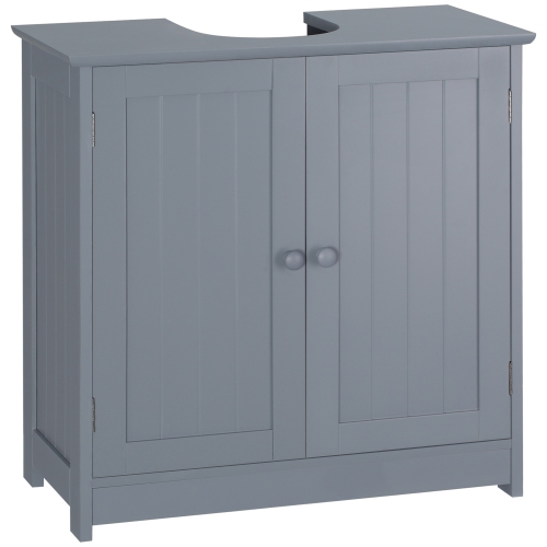 HOMCOM – Armoire de salle de bain sous évier avec 2 portes et tablette, lavabo sur pied, meuble-lavabo pour salle de bain, gris