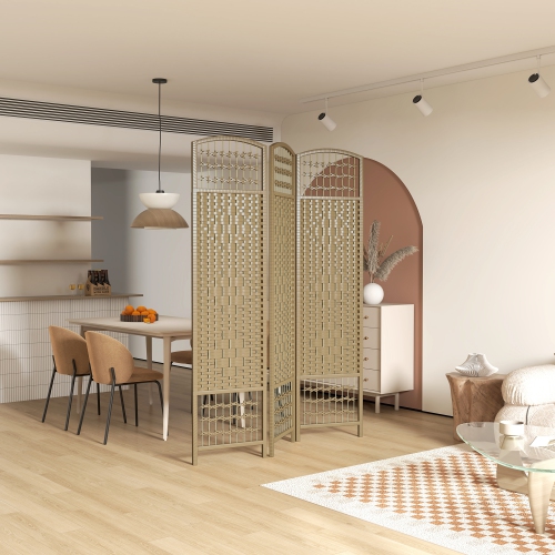 HOMCOM 3 Panel Room Divider, 5.6 ft Tall Folding Privacy Screen, Wave Fiber Freestanding Partition Wall Divider for Home Office, Natural