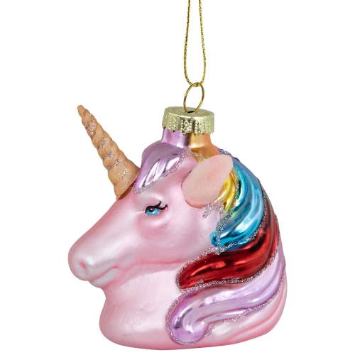 3.5" Pink Unicorn Head with Rainbow Mane Glass Christmas Ornament