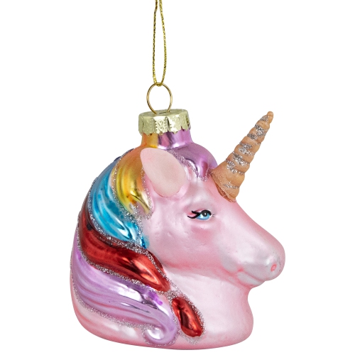 3.5" Pink Unicorn Head with Rainbow Mane Glass Christmas Ornament