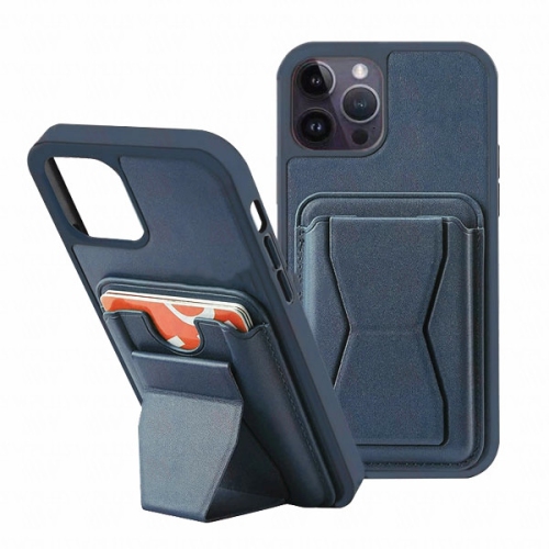 Image 1 de 2.. [CSmart] Étui à fente pour carte couvercle arrière avec béquille pour iPhone 14 Pro, bleu marine