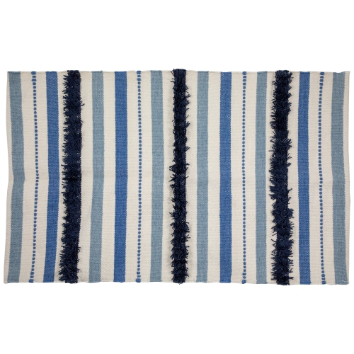 3.5' x 2.25' Blue, Cream and Black Striped Handloom Woven Outdoor Accent  Throw Rug