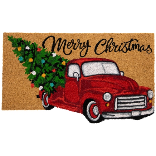 NORTHLIGHT  And Green Vintage Truck "merry Christmas" Outdoor Natural Coir Doormat 18" X 30" In Red