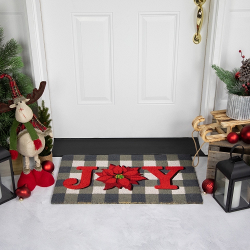 Gray and Red Poinsettia "Joy" Christmas Natural Coir Outdoor Doormat 18" x 30"